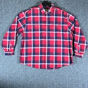 Eddie Bauer Mens XL Red Navy Plaid Long‎ Sleeve Button Up Shirt 100 Cotton